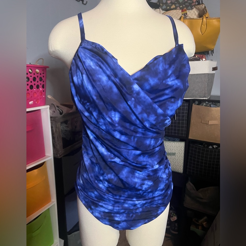 Blue Ruched Wrap One Piece Swimsuit